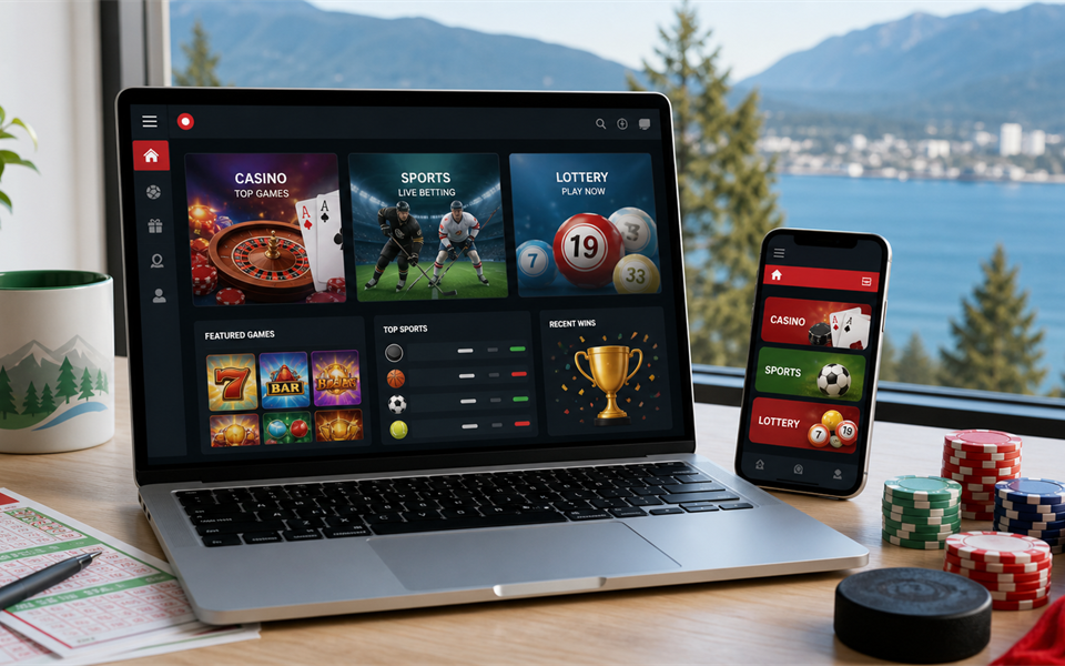 PlayNow BC dashboard with lottery and sports motifs