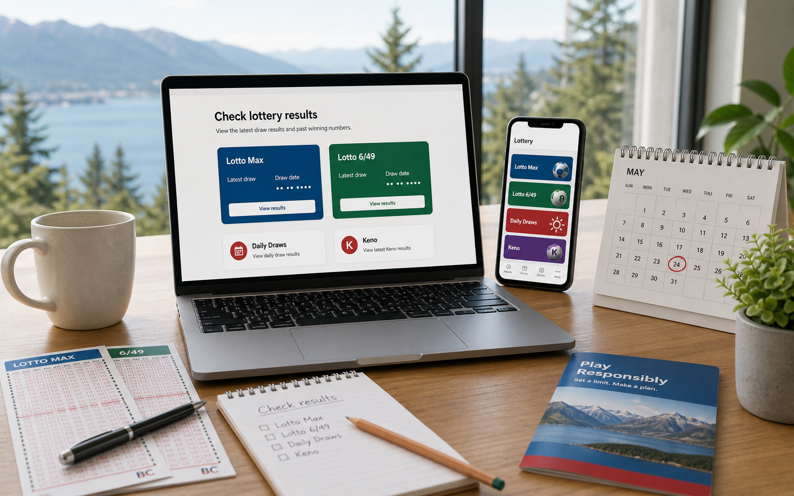 British Columbia lottery result checks on laptop and phone